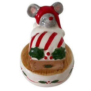 Otagiri Ceramic Sleeping Mouse Christmas Music Box candy Stripes Japan CHIP
